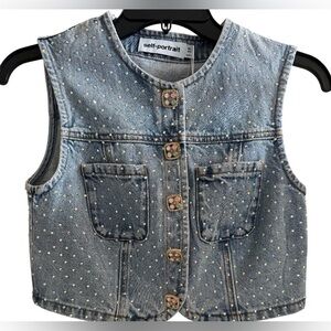 Self-Portrait Blue Denim Vest with Stud Accents